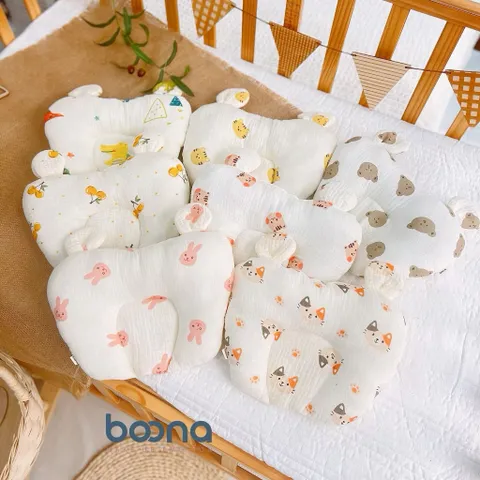 Gối Chống Méo Đầu Cho Bé – Gối Sơ Sinh Cotton Mềm Thoáng Khí, Thiết Kế Tai Gấu Dễ Thương