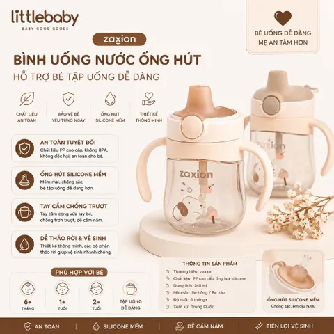 Bình Tập Uống Cho Bé Zaxion 280ml PPSU Cao Cấp Có Tay Cầm – Ống Hút Mềm Chống Sặc, Chống Tràn, Dung Tích Tiện Lợi