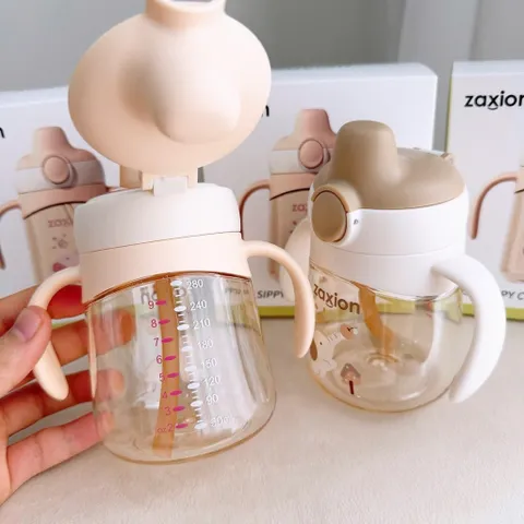 Bình Tập Uống Cho Bé Zaxion 280ml PPSU Cao Cấp Có Tay Cầm – Ống Hút Mềm Chống Sặc, Chống Tràn, Dung Tích Tiện Lợi