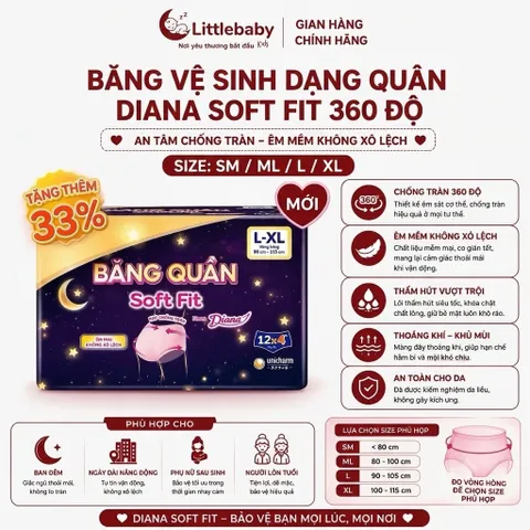 ( 12 miếng ) Băng vệ sinh dạng quần Diana Soft Fit 360 Độ - Chống Tràn, Thoáng Khí