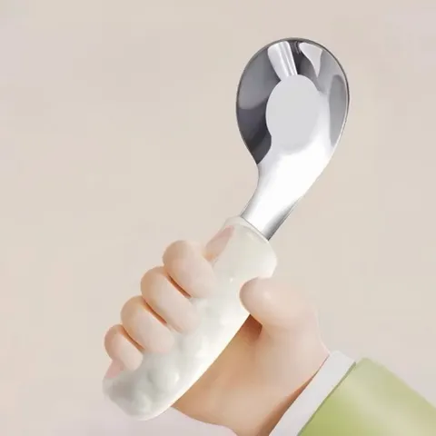 Thìa nĩa tập ăn cho bé tay cầm silicon muỗng vòng cong  thép không gỉ an toàn cao cấp