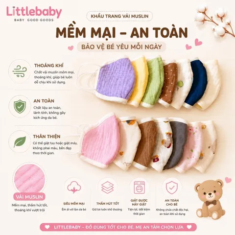 Khẩu trang vải xô Muslin thoáng khí, mềm mại, an toàn, dùng được 4 mùa cho o bé