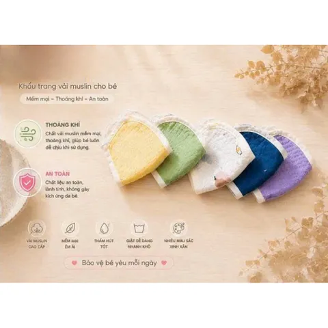 Khẩu trang vải xô Muslin thoáng khí, mềm mại, an toàn, dùng được 4 mùa cho o bé