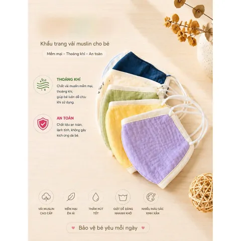 Khẩu trang vải xô Muslin thoáng khí, mềm mại, an toàn, dùng được 4 mùa cho o bé