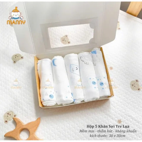 Khăn Sữa cho bé Hộp set 5 khăn sữa sợi tre lụa Manny Mẫu Hoạ tiết