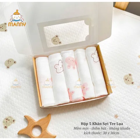 Khăn Sữa cho bé Hộp set 5 khăn sữa sợi tre lụa Manny Mẫu Hoạ tiết