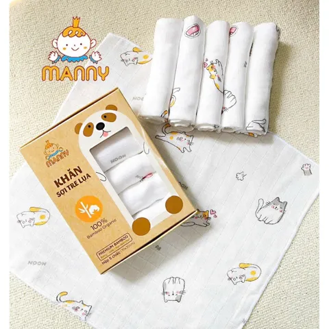 Khăn Sữa cho bé Hộp set 5 khăn sữa sợi tre lụa Manny Mẫu Hoạ tiết