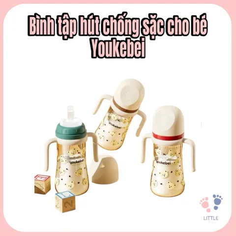 Bình tập hút chống sặc Youkebei cho bé dung tích 300ml, họa tiết gấu dễ thương