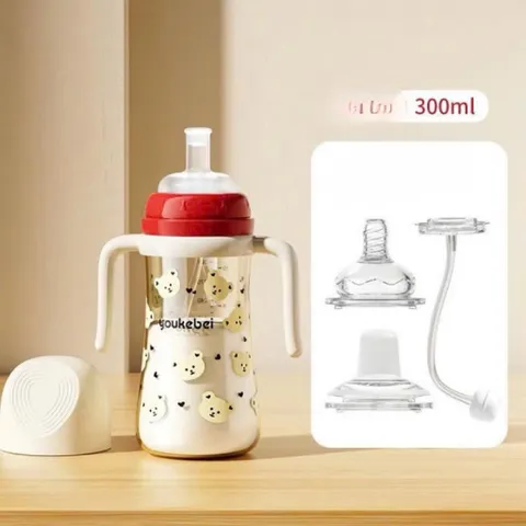 Bình tập hút chống sặc Youkebei cho bé dung tích 300ml, họa tiết gấu dễ thương