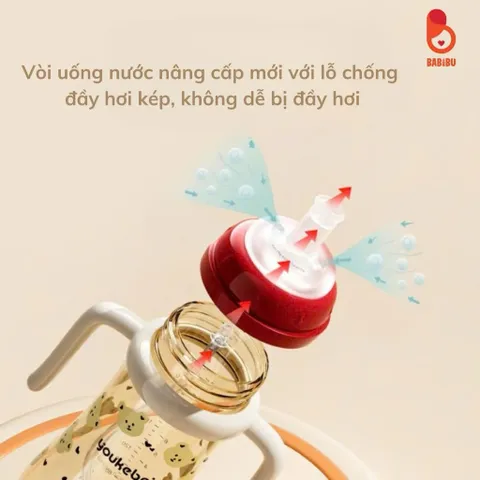 Bình tập hút chống sặc Youkebei cho bé dung tích 300ml, họa tiết gấu dễ thương
