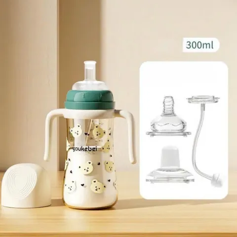 Bình tập hút chống sặc Youkebei cho bé dung tích 300ml, họa tiết gấu dễ thương