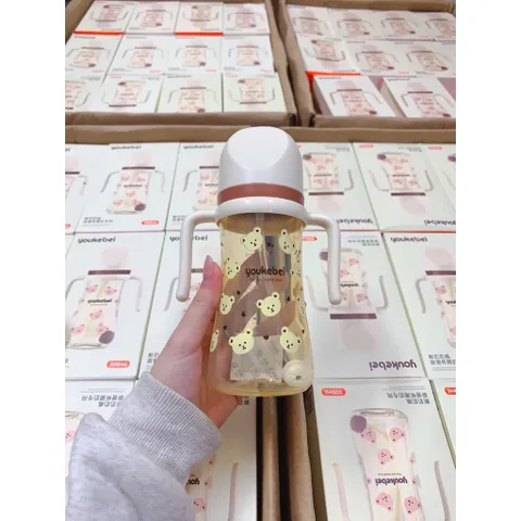 Bình tập hút chống sặc Youkebei cho bé dung tích 300ml, họa tiết gấu dễ thương