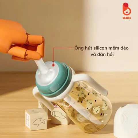 Bình tập hút chống sặc Youkebei cho bé dung tích 300ml, họa tiết gấu dễ thương