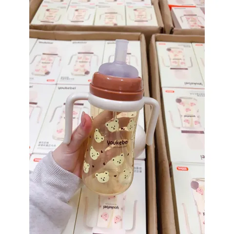 Bình tập hút chống sặc Youkebei cho bé dung tích 300ml, họa tiết gấu dễ thương