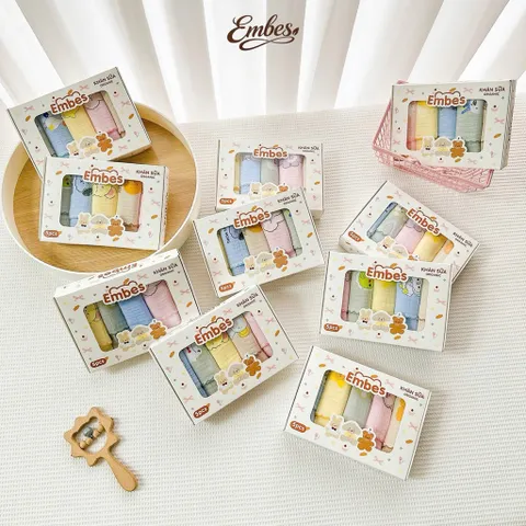 Set 5 khăn sữa muslin 2 lớp Embes bảng hình in xinh iu, ngộ nghĩnh cho bé trai, gái