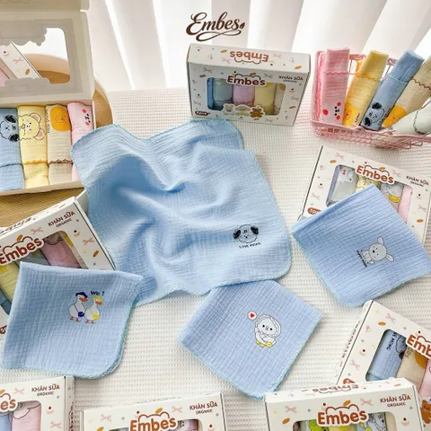 Set 5 khăn sữa muslin 2 lớp Embes bảng hình in xinh iu, ngộ nghĩnh cho bé trai, gái