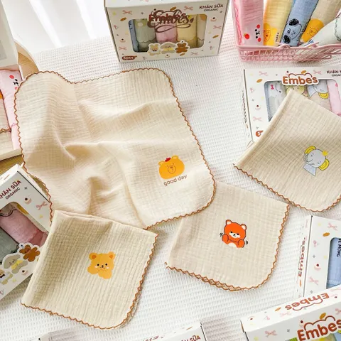 Set 5 khăn sữa muslin 2 lớp Embes bảng hình in xinh iu, ngộ nghĩnh cho bé trai, gái