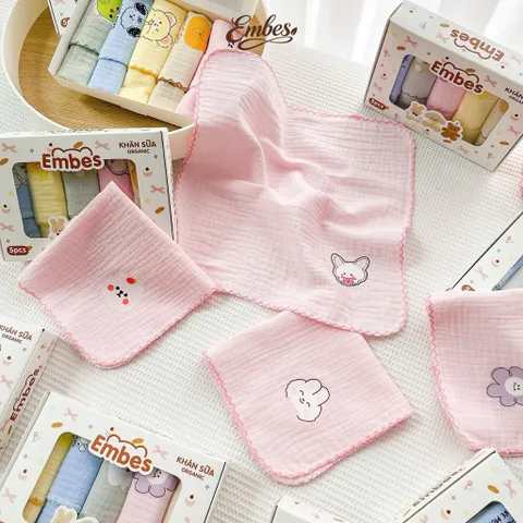 Set 5 khăn sữa muslin 2 lớp Embes bảng hình in xinh iu, ngộ nghĩnh cho bé trai, gái