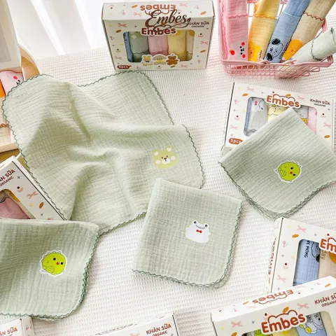 Set 5 khăn sữa muslin 2 lớp Embes bảng hình in xinh iu, ngộ nghĩnh cho bé trai, gái
