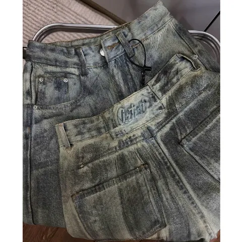Quần jean dài - Quần jean nữ dài 105cm form suông wash loang sơn màu xám khói bụi cá tính dập nổi chữ phía sau - NU30