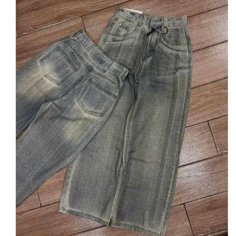 Quần jean dài - Quần jean nữ dài 105cm form suông wash loang sơn màu xám khói bụi cá tính dập nổi chữ phía sau - NU30