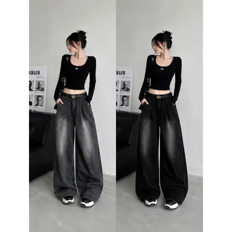 Quần jean dài - Quần jean / denim phong cách cá tính trendy thời thượng 2 màu form baggy ống thụng phối wash siêu bụi 21
