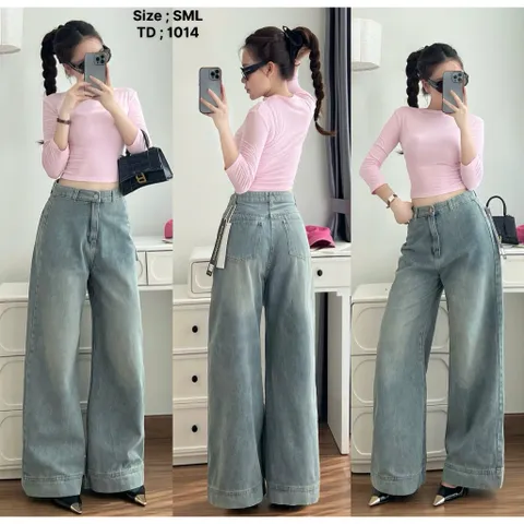 Quần jean dài - Quần ống loe dài 103cm rộng 30-35cm màu xanh wash, phía trước trơn sau túi hộp cá tinh dễ phối đồ - 1014