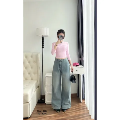 Quần jean dài - Quần ống loe dài 103cm rộng 30-35cm màu xanh wash, phía trước trơn sau túi hộp cá tinh dễ phối đồ - 1014