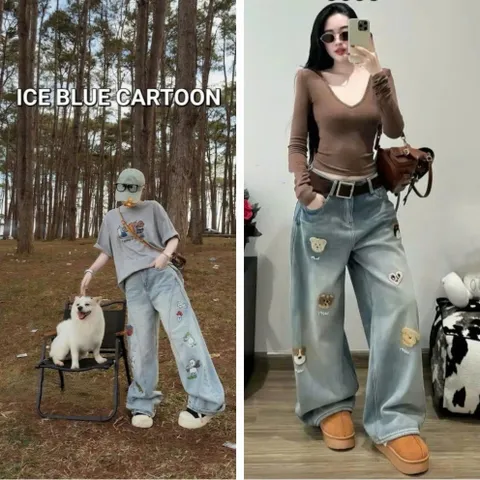 Quần jean dài - Quần jean/ denim ống rộng nhiều hoạt tiết thêu cực ngầu,bụi phong cách đường phố, cá tính chụp hình,cafe