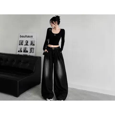 Quần jean dài - Quần jean / denim phong cách cá tính trendy thời thượng 2 màu form baggy ống thụng phối wash siêu bụi 21