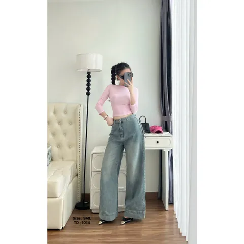 Quần jean dài - Quần ống loe dài 103cm rộng 30-35cm màu xanh wash, phía trước trơn sau túi hộp cá tinh dễ phối đồ - 1014