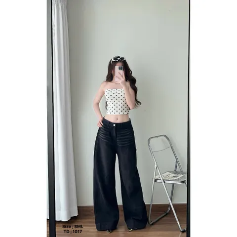Quần jean dài - Quần ống loe dài 103cm rộng 30-35cm màu đen wash, phía trước trơn sau túi hộp cá tinh dễ phối đồ - 1017