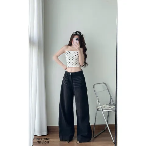 Quần jean dài - Quần ống loe dài 103cm rộng 30-35cm màu đen wash, phía trước trơn sau túi hộp cá tinh dễ phối đồ - 1017