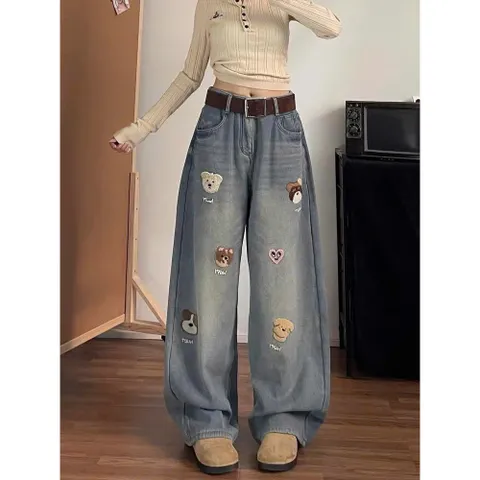 Quần jean dài - Quần jean/ denim ống rộng nhiều hoạt tiết thêu cực ngầu,bụi phong cách đường phố, cá tính chụp hình,cafe