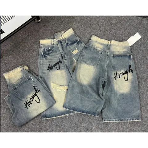 Quần Jean đùi - Quần Ngố ngắn nữ chất Jean / Denim wash rách dài 64cm thêu chữ cực bụi, chất chơi phong cách hàn quốc