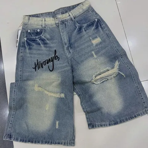 Quần Jean đùi - Quần Ngố ngắn nữ chất Jean / Denim wash rách dài 64cm thêu chữ cực bụi, chất chơi phong cách hàn quốc