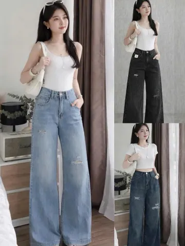 Quần jean dài - Quần jean / denim ống rộng wash rách nhẹ siêu hot 3 màu phong cách retro, hàn quốc, cá tính, năng động