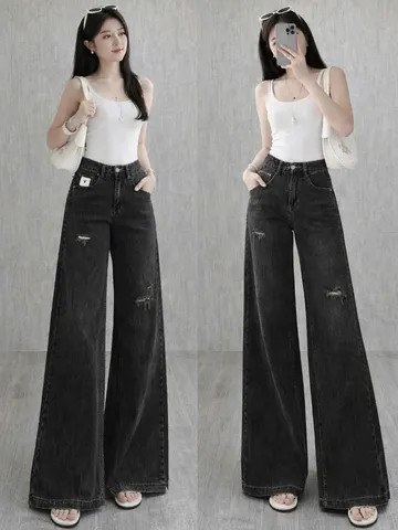 Quần jean dài - Quần jean / denim ống rộng wash rách nhẹ siêu hot 3 màu phong cách retro, hàn quốc, cá tính, năng động
