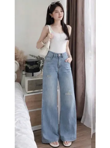 Quần jean dài - Quần jean / denim ống rộng wash rách nhẹ siêu hot 3 màu phong cách retro, hàn quốc, cá tính, năng động