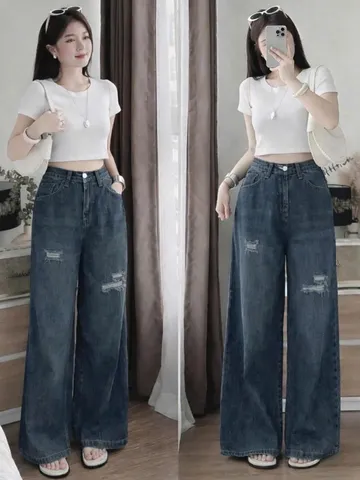 Quần jean dài - Quần jean / denim ống rộng wash rách nhẹ siêu hot 3 màu phong cách retro, hàn quốc, cá tính, năng động