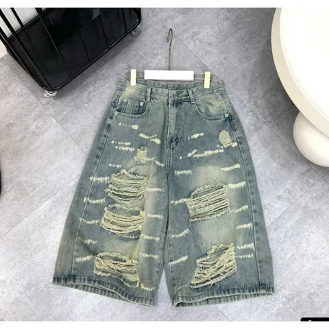 Quần Jean đùi - Quần Ngố ngắn nữ chất Jean / Denim, quần lửng ống rộng wash loang nhẹ chi tiết rách xước nổi bật LC24