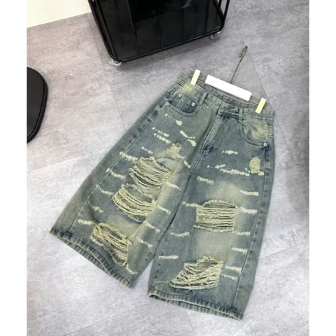 Quần Jean đùi - Quần Ngố ngắn nữ chất Jean / Denim, quần lửng ống rộng wash loang nhẹ chi tiết rách xước nổi bật LC24