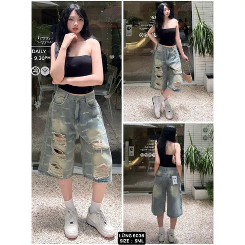 Quần Jean đùi - Quần Ngố ngắn nữ chất Jean / Denim, quần lửng ống rộng wash loang nhẹ chi tiết rách xước nổi bật LC24