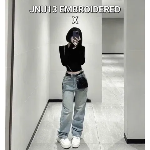 Quần jean dài - Quần jean / denim ống rộng dài 97cm wash bụi thêu chữ X phong cách retro, hàn quốc, cá tính, năng động