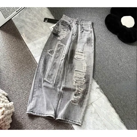 Quần jean dài - Quần jean / denim form rách kiểu phá cách hot, ống suông dài 103cm phong cách retro, hàn quốc, năng động