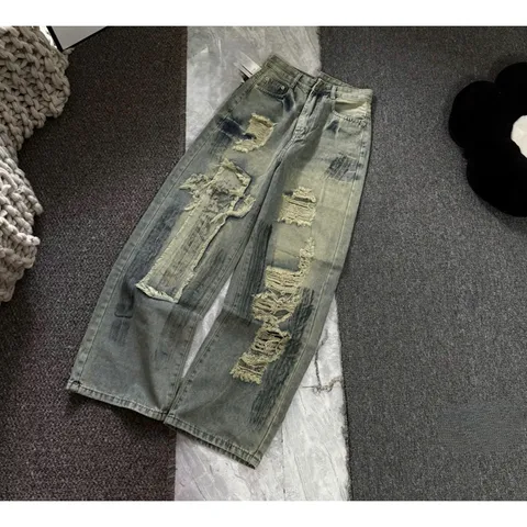 Quần jean dài - Quần jean / denim form rách kiểu phá cách hot, ống suông dài 103cm phong cách retro, hàn quốc, năng động