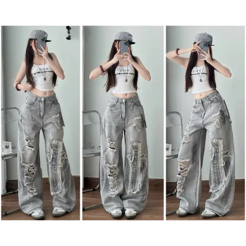 Quần jean dài - Quần jean / denim form rách kiểu phá cách hot, ống suông dài 103cm phong cách retro, hàn quốc, năng động