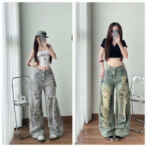 Quần jean dài - Quần jean / denim form rách kiểu phá cách hot, ống suông dài 103cm phong cách retro, hàn quốc, năng động
