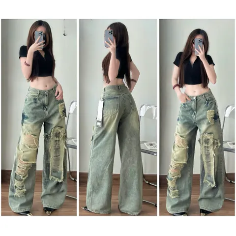Quần jean dài - Quần jean / denim form rách kiểu phá cách hot, ống suông dài 103cm phong cách retro, hàn quốc, năng động