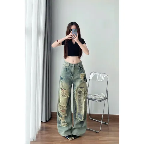 Quần jean dài - Quần jean / denim form rách kiểu phá cách hot, ống suông dài 103cm phong cách retro, hàn quốc, năng động